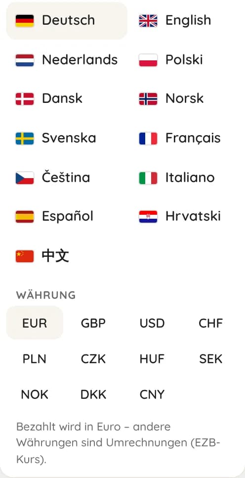 Sprach- und Währungsmenü mit 13 Sprachen und 11 Währungen