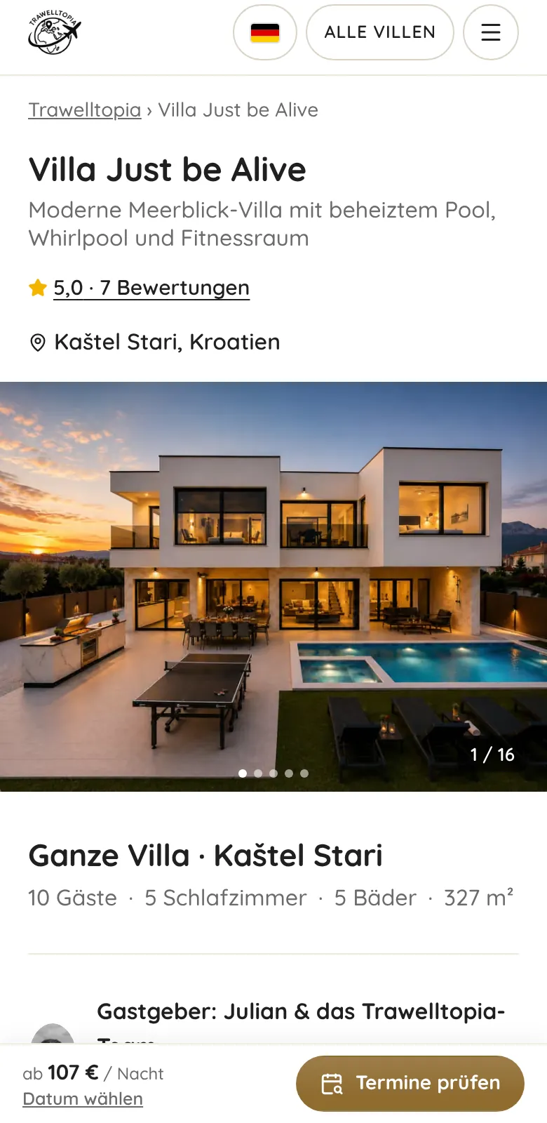 Villa page on a smartphone