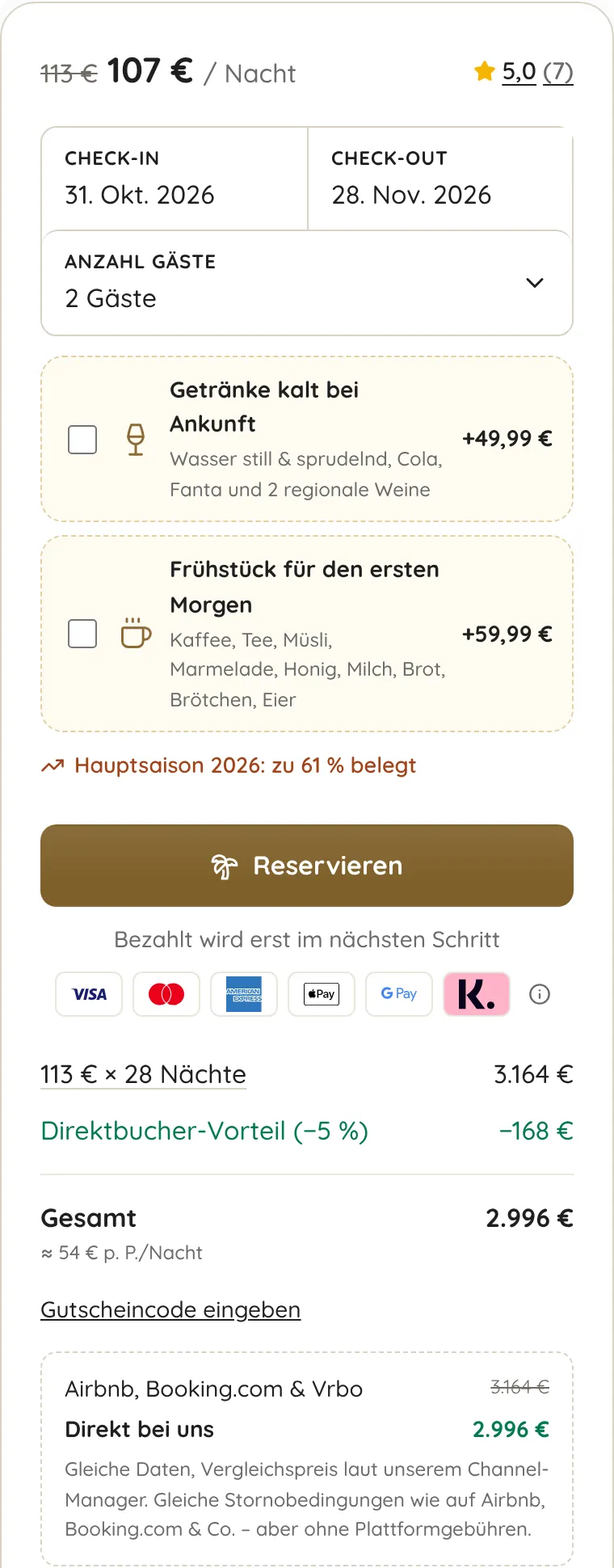 Booking box with extras, price breakdown, direct booking discount and platform comparison