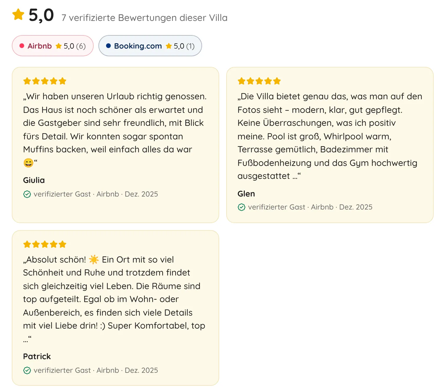 Bewertungsbereich mit Bewertungen von Airbnb und Booking.com