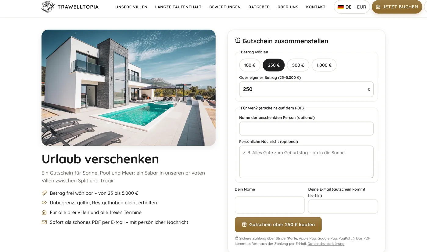 Gutscheinseite mit Betragsauswahl und persönlicher Nachricht
